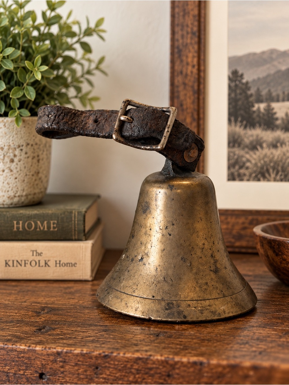 Vintage Brass Livestock Bell with Leather Strap – Rustic Farmhouse Decor